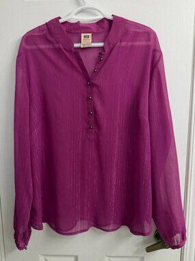 Faded Glory Magenta Metallic Stripe Sheer Blouse Women's 18W 20W Plus Size